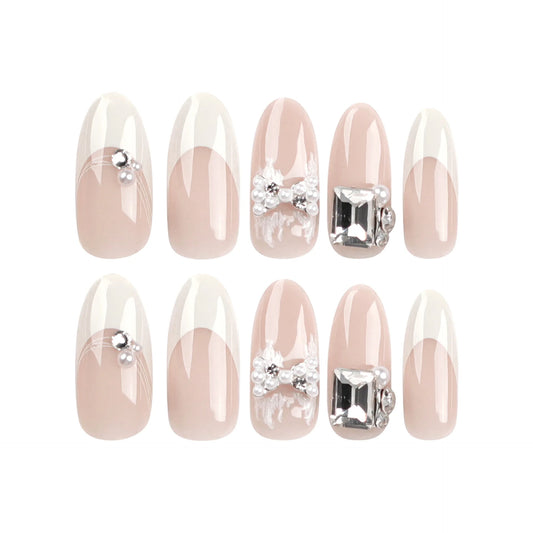 French False Nails with Rhinestone Pearl Design Oval Head Press on Nails Full Cover Wearable Women Ballet Acrylic Nails Patch