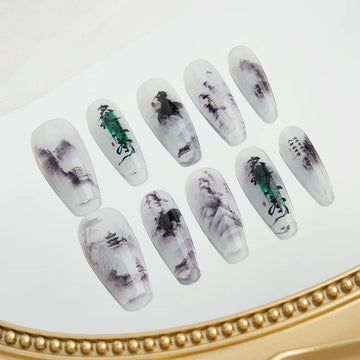Afgewerkt valse nagelpers op lange bamboe poëzie Chinese stijl nep nagels met lijm versierde nagels kunststick op nagels
