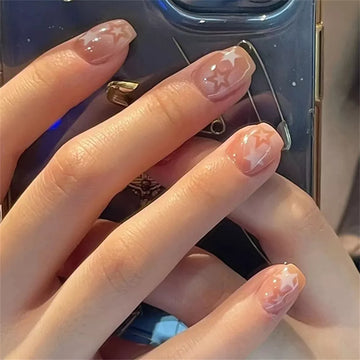 24 -stcs gradiënt valse nagels schattige ster gedrukt ontwerp nep nagel korte vierkante faux ongles manicure nagelstickers druk op nagelstips