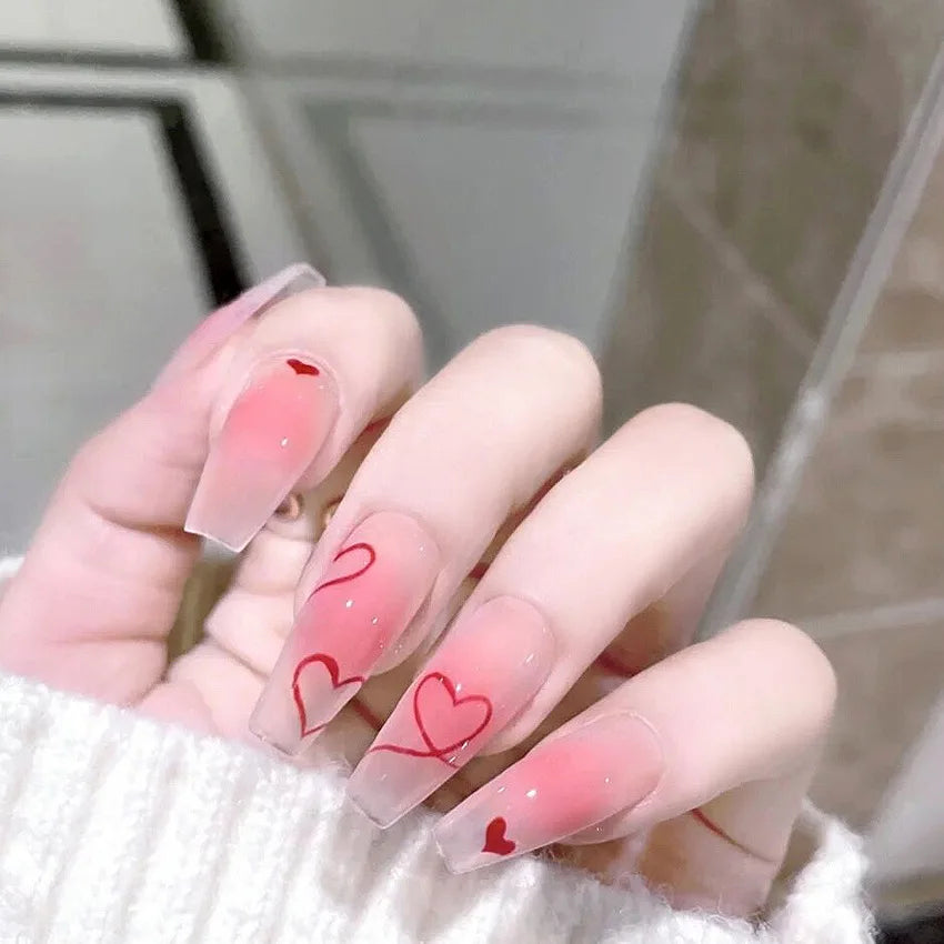 24 -stks hartpatroon dragen lange kist valse nagels roze ballerina acryl nep nagels kunst volle dekking draagt ​​pers op nagelstips