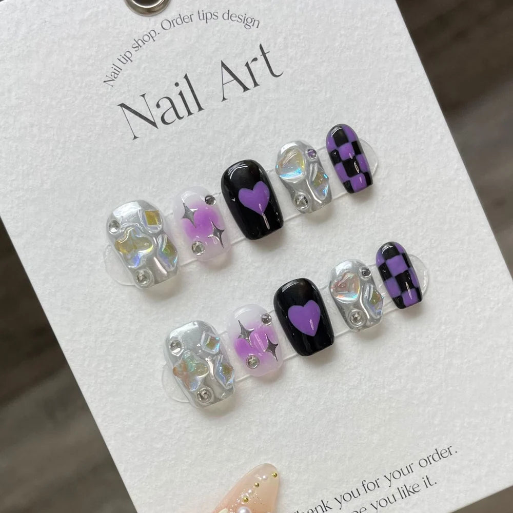 Handmade Y2k Short Press on Nails Korean Star Heart Design Reusable Adhesive False Nails Purple Acrylic Nail Tips Manicure Grils