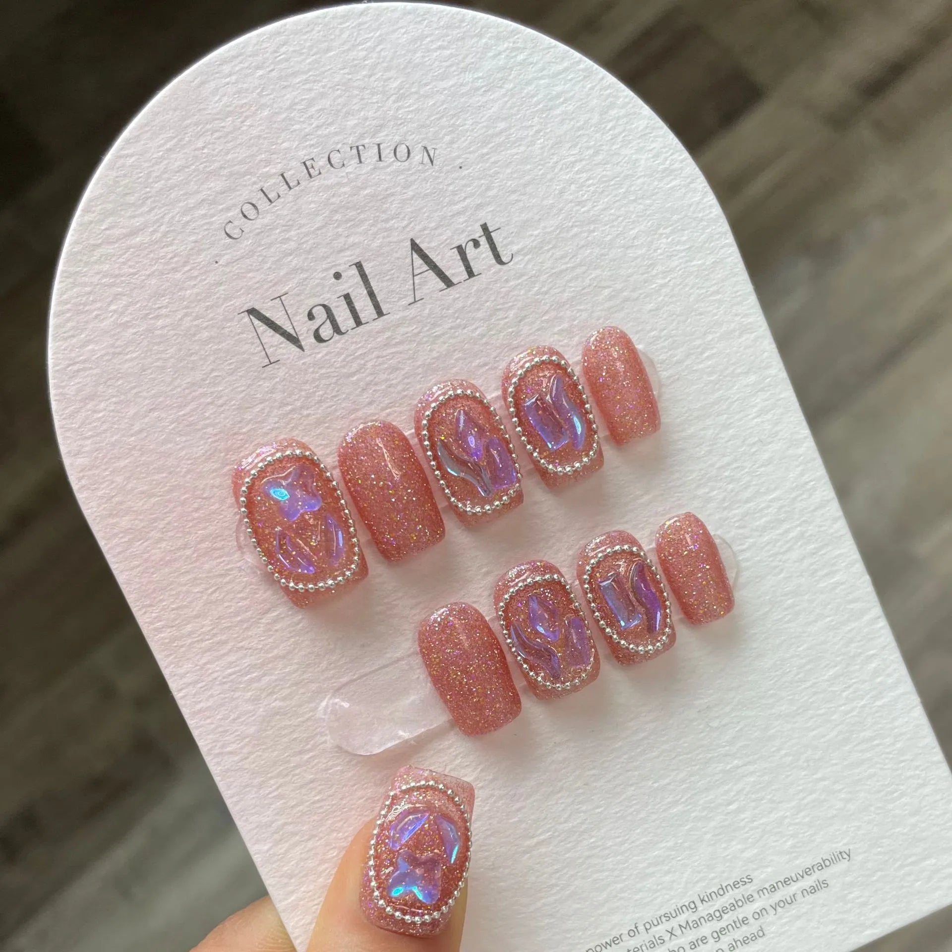 131-145 Nummer glänzend Bling Pink Aurora Handgemachte Presse auf Nägeln mit Klebeballet Professionelle tragbare falsche Nägel für Mädchen