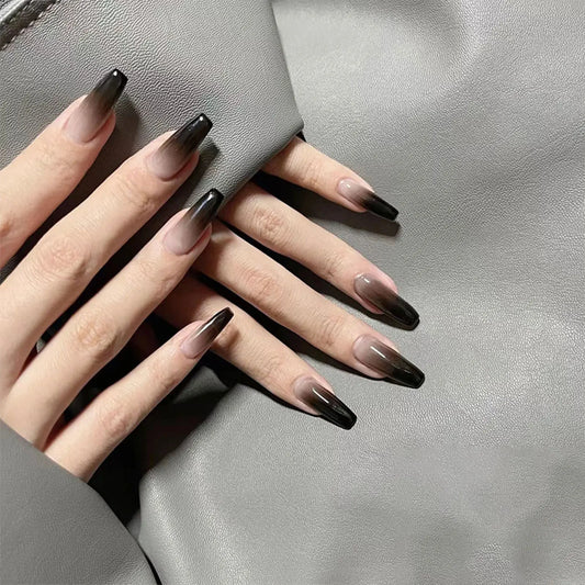 24 st cool tjej falska naglar tryck på lång kista fyrkantig balett nagel spetsar fullt omslag akryl falsk nagel med svart gradient design