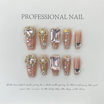 10st korta falska naglar nakna rosa diamant glitter design press på naglar tips party prestanda för kvinnor diy manikyr falsk nagel