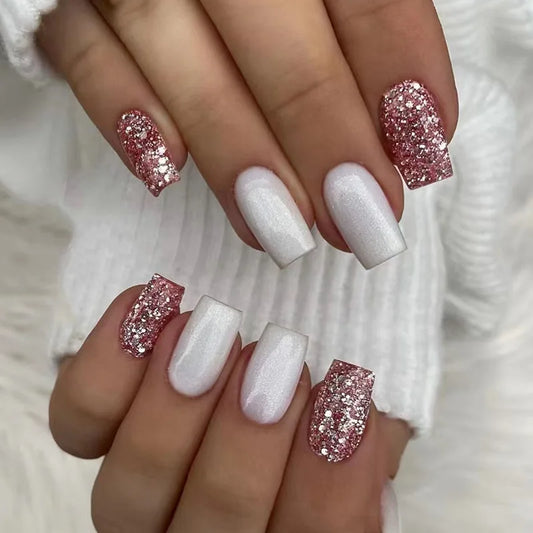 24st Square Head Silver Glitter Fake Nail Short Coffin False Nails Wearable Simple French Press On Nail Full Cover Manicure Tips