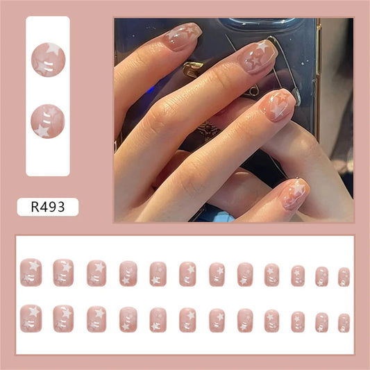 24 -stcs gradiënt valse nagels schattige ster gedrukt ontwerp nep nagel korte vierkante faux ongles manicure nagelstickers druk op nagelstips