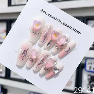 Uñas falsas hechas a mano y2k uñas neumáticos adhesivos reutilizables de lujo rosa