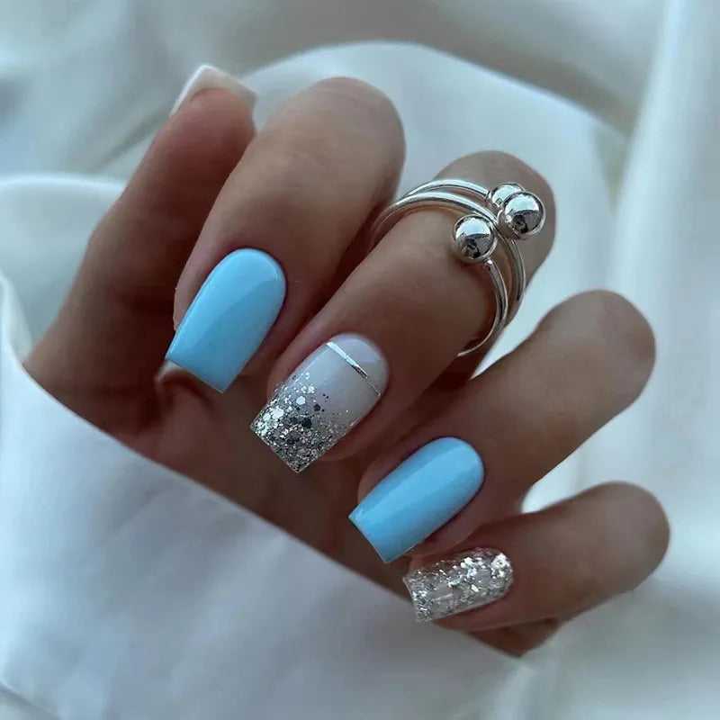 24st kort kvadrathuvud falska naglar enkla franska glitter falska nagel bärbar blå balett färdiga naglar tryck på naglar