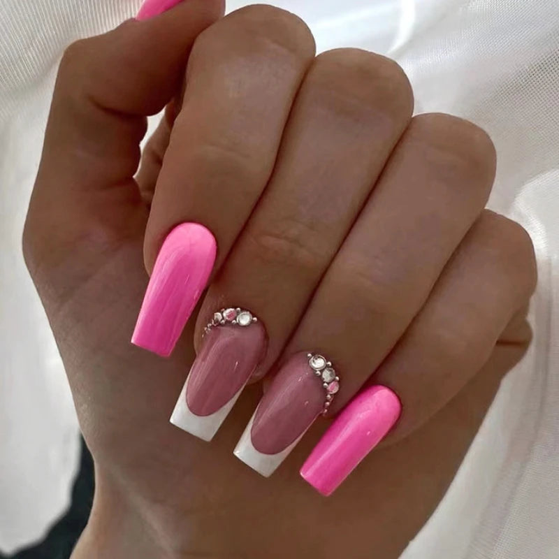 Simple Sweet White Hot Pink Rhinestones Full Cover Extra Long Coffin Ballet Fake Nail Fake False Nail Press on Glue Easy To Wear