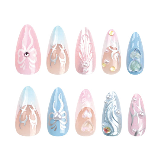 New 3D Love Bows Fake Nail Pink Blue Almond False Nails Full Cover Wearable Artificial Nails Press on Nails Tip for Girls Women