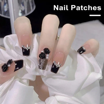 Fashion 24 Pcs French Nails for Women Simple Black Ins Style Fake Nails Acrylic Fake Full Tips False Press on Nail