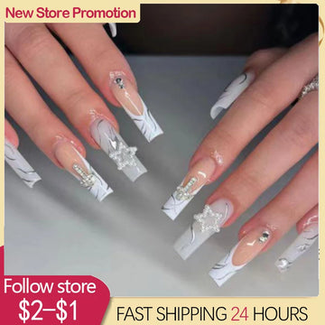 24 -stcs lange vierkante Franse kunstmatige nagel met ontwerpen Y2K vlinder druk op nagels lange balletkist nep nagels met strass