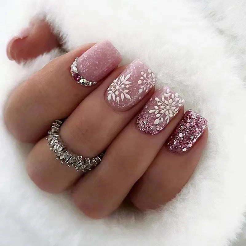 Korta fyrkantiga falska naglar franska snöflinga glitter borr nagelkonst fullt omslag av löstagbar press på nagelspetsar jul falska naglar