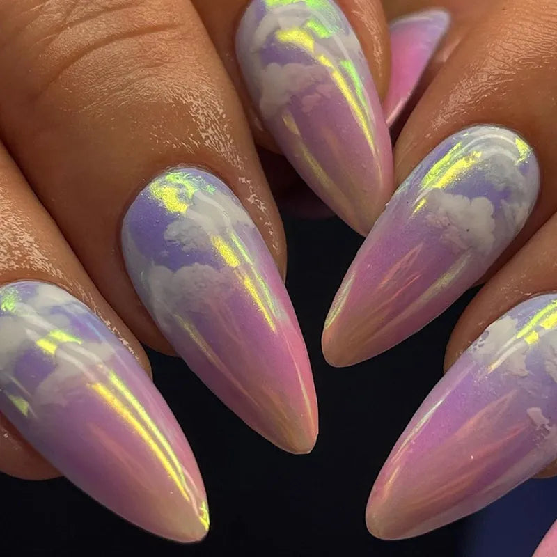 24pcs Aurora Cloud Match Faux Nails Gradient rose violet faux pointes ongles fille portable couverture complète de tête d'amande appuyez sur les ongles