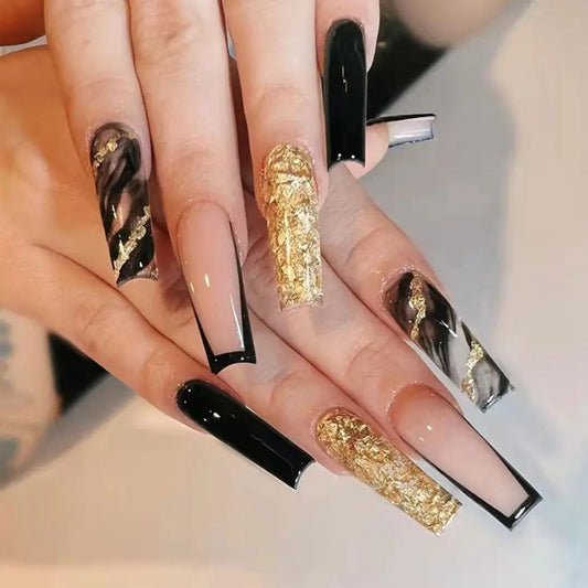 24pcs Fake Nails Detachable Black White Tai Chi French False Nails Long Fingernail Decal Faux Ballerina Nail Art Tips