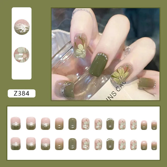 24 -stcs/set druk op nep nagels groen dragen herbruikbare valse nagels kunstmeisjes ballerina kist nagel met lijm volledige hoes kunstmatig