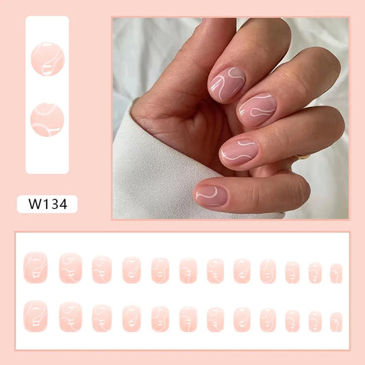 24st kort fyrkantiga runda falska naglar vit linje design franska falska naglar fullt omslag av löstagbara nagelips Tryck på naglar