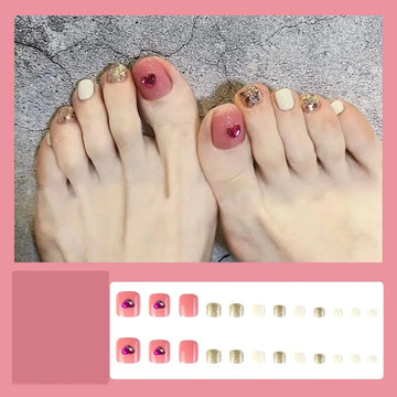 24pcs/set Fake Toenails Full Cover Short Square Toe Nails Diamond-encrusted Glitter Foot Nails Tips for Women Girls