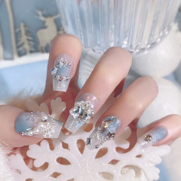 Gradient Blue Fake Nails with Flower Crystal Design Glitter Fake Nails for Lady Girls Christmas Gifts Artificial Nails Handmade