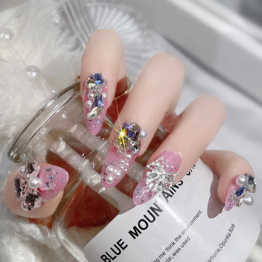 Ins gros cristal faux ongles 3d strass de perle de perle faux nail pots ongles brillants de mariage coréen