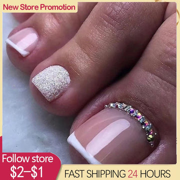 24 st. Tryck på tånaglar Summer False Tånaglar Glitter Crystal Nail Foot Artificial Nail Tips Full Cover Nails Tips Dekorera