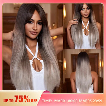 Long Synthetic Fiber Wigs Ombre Top Dark Root to Chocolate Color Straight Hair Wig with Side Bangs for Girls and Ladies Use