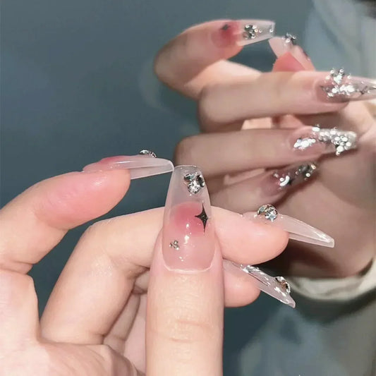 24 -stige valse nagels Franse gradiënt ballet nep nagels druk op nagels zwart hart strass ontwerpen glitter glitter volledige cover nagels tips