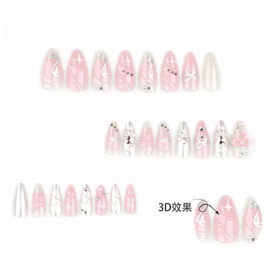 2024 3D Pink Bow Fake Nails Y2k Sliver Bowkont Design Almond Press on Nails Ins Sweet Fashion False Nails for Girl Women