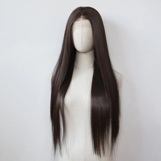 Dark Brown Synthetic Lace Front Wig Long Straight Chocolate Brown Lace Front Synthetic Wig Pre Plucked Natural Hairline