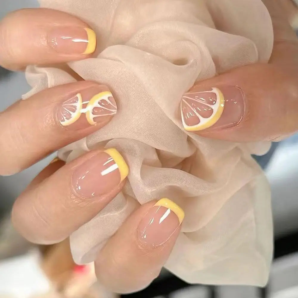 HEALLOR 24pcs Detachable Fake Nials Press on Nails Manicure Short Square Yellow Lemon False Nails French