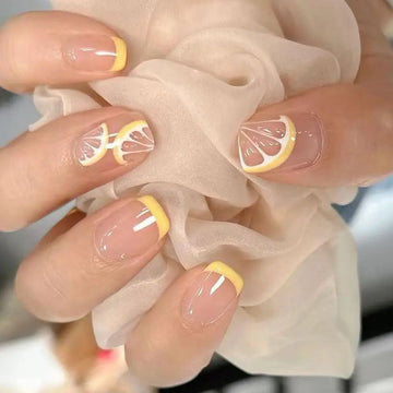 Heallor 24 -stks afneembare nep nials druk op nagels manicure kort vierkant gele citroen valse nagels Frans