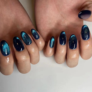 24 -stcs blauwe aurora cat's oog decor nep nagel draagbare herbruikbare valse nagels voor vingernagel diy decoratie stickers druk op nagels