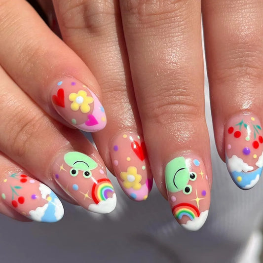 24 st rosa franska falska naglar Rainbow Cloud Design Full Cover Nail Tips Summer Long Almond Fake Nails Almond Press On Nails