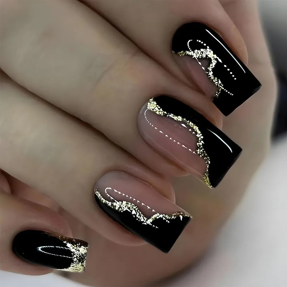 24 piezas de uñas falsas cuadradas uñas negras de oro negro con uñas negras