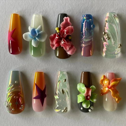 10Pcs Handmade Manicure Long Coffin Fake Nails Cute Limited Nails Press On Nails Flower 3D Design with Adhesive Nail File Set