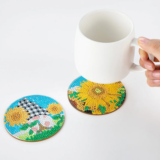 RUOPOTY 8Pcs DIY Diamond Painting Coasters Sunflower Diamond Art Mosaic Drink Cup Cushion Table Placemat with Holder Unique Gift