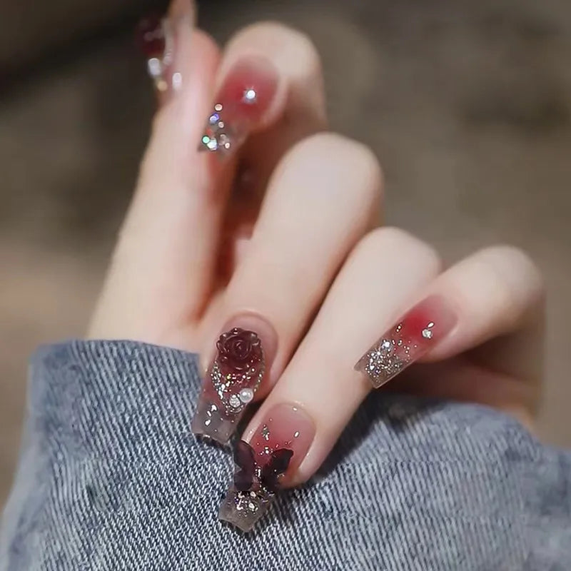 24 -stks draagbare kist nep nagels met vlinder camellia ontwerpen rode lange ballerina valse nagels druk op nagels kunstmanicure