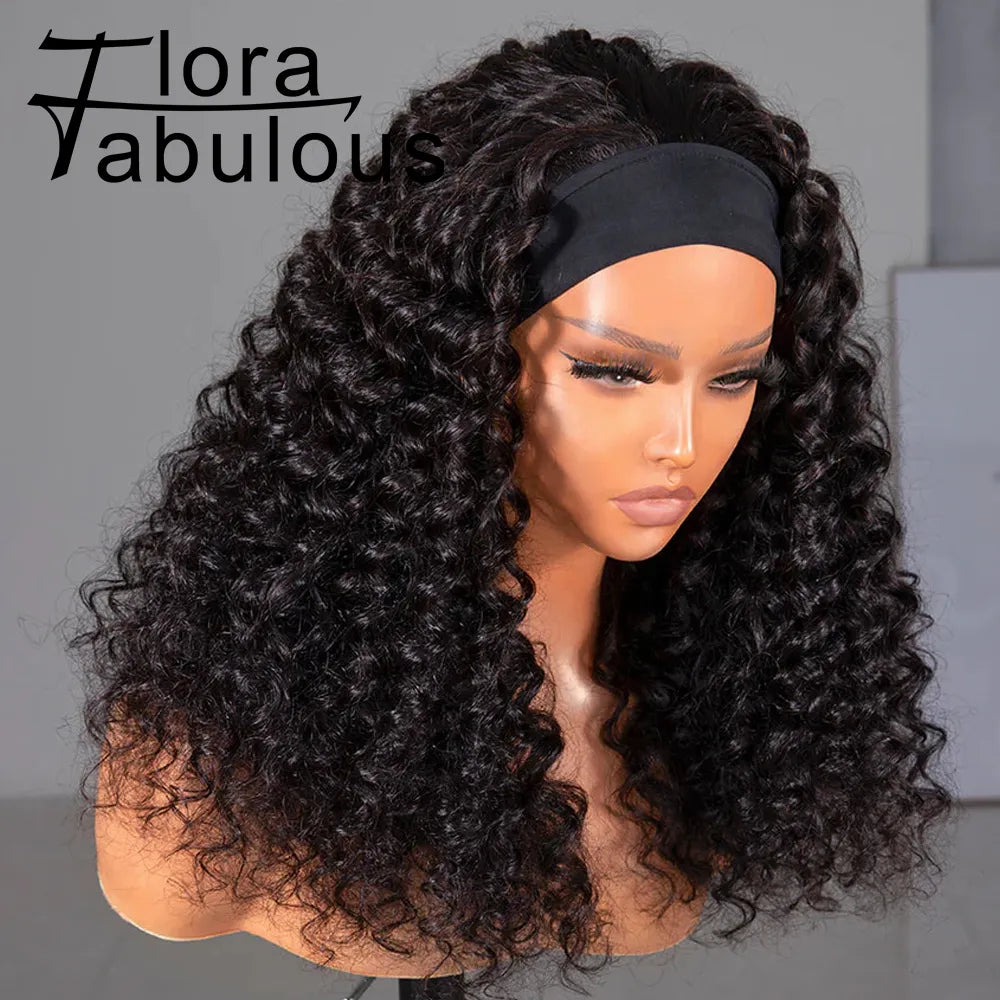 Kinky Curly Headband Wigs 180% Density Wear to Go Water Wave Headband Wig 20 Inches Brazilian Human Hair Glueless Wig For Women