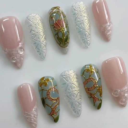 10Pcs Handmade Manicure Medium Almond Fake Nails 2024 New Cute Flowers Limited Press On Nails Design with Adhesive Nail File Set