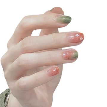 Étoiles nail art faux clous ongles rose vert gradient court rond rond portable faux nail patch amovible appuyer sur les clous fini
