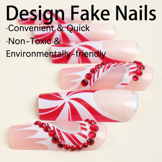 Christmas Gifts False Nails Glitter Red Rhinestone Ribbon Designs Fake Nail Patch Long Coffin Ballet Wearable Press on Nails Tip