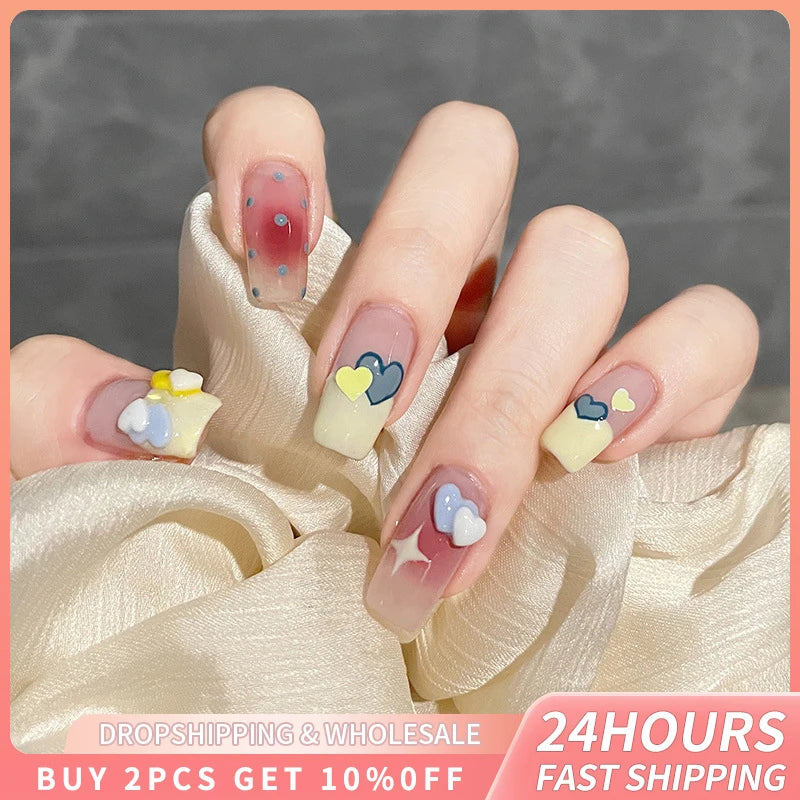 24pcs Lovely Girl Fake Nails Fashion Color Manicure Love Heart Design False Nails Detachable Press On Nails Cool Summer Gel Nail
