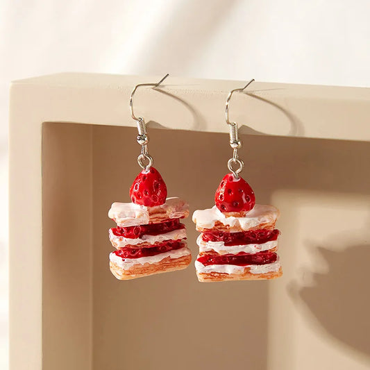New Strawberry Cake Earrings for Women Resin Handmade Cute Girls Fun Sweet Cake Food Drop Earring Plastic Ear Jewelry Gift