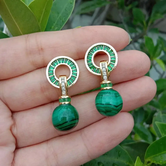 yygem 12mm Natural Green Gemstone Earrings Malachite Round Cz Pave Stud Drop Earring