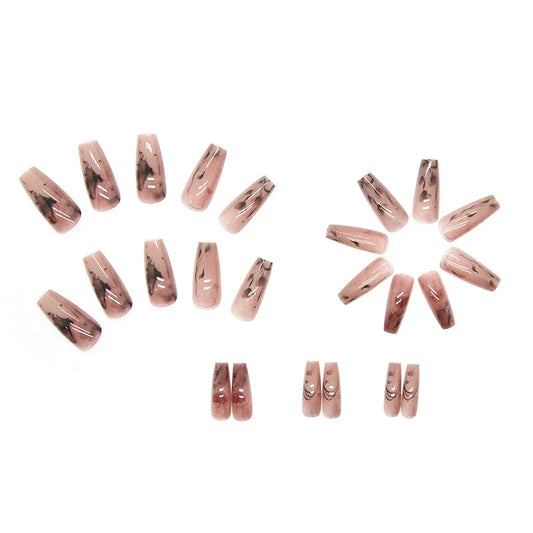 24 piezas/calzización de gradiente Long Ballet Francia Press en tinta de uñas Estilo chino uñas falsas chicas rosas