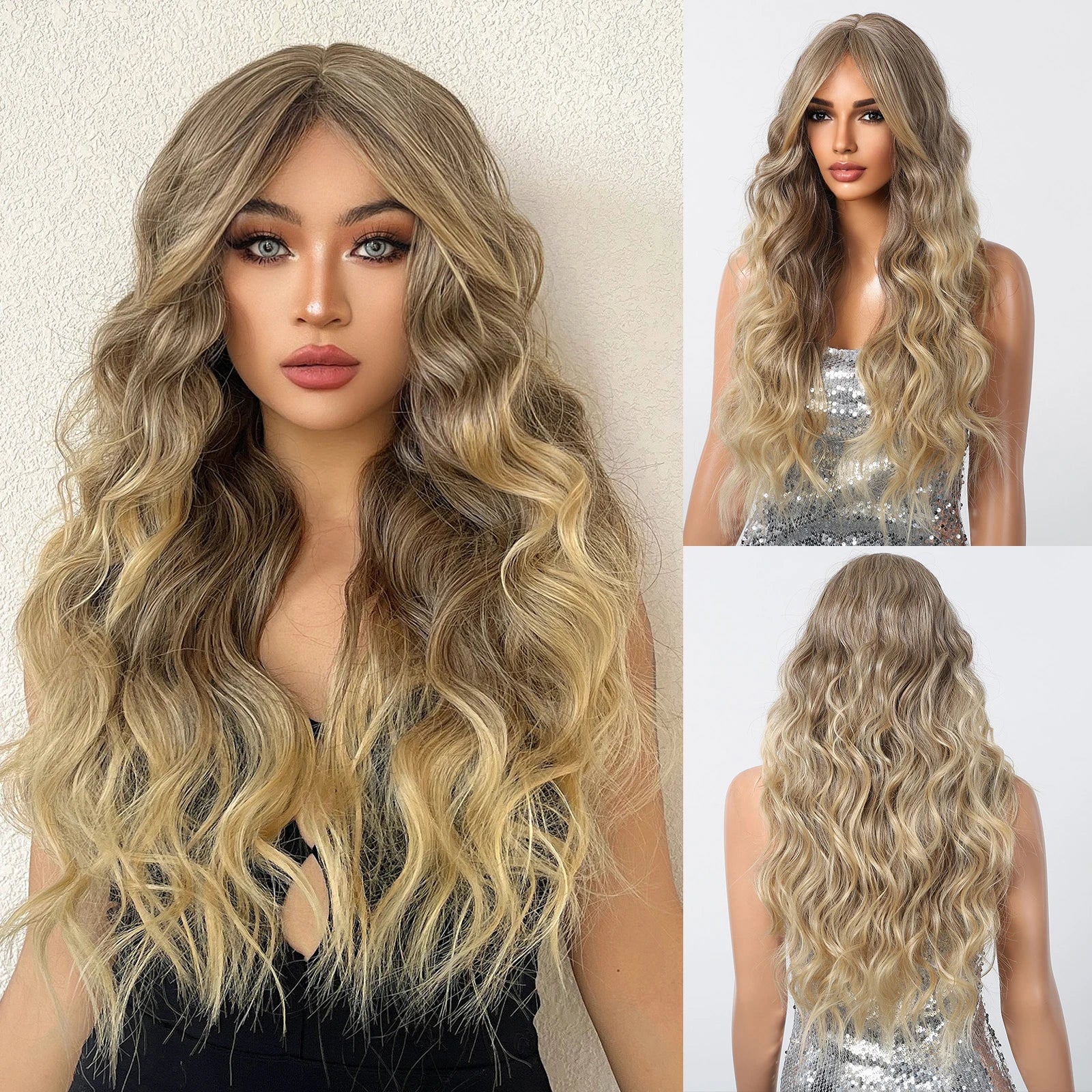 Wavy Long Ash Brown Ombre Synthetic Wig with Bangs Deep Wave Curly Light Golden Women Wig Daily Cosplay Fake Hair Heat Resistant