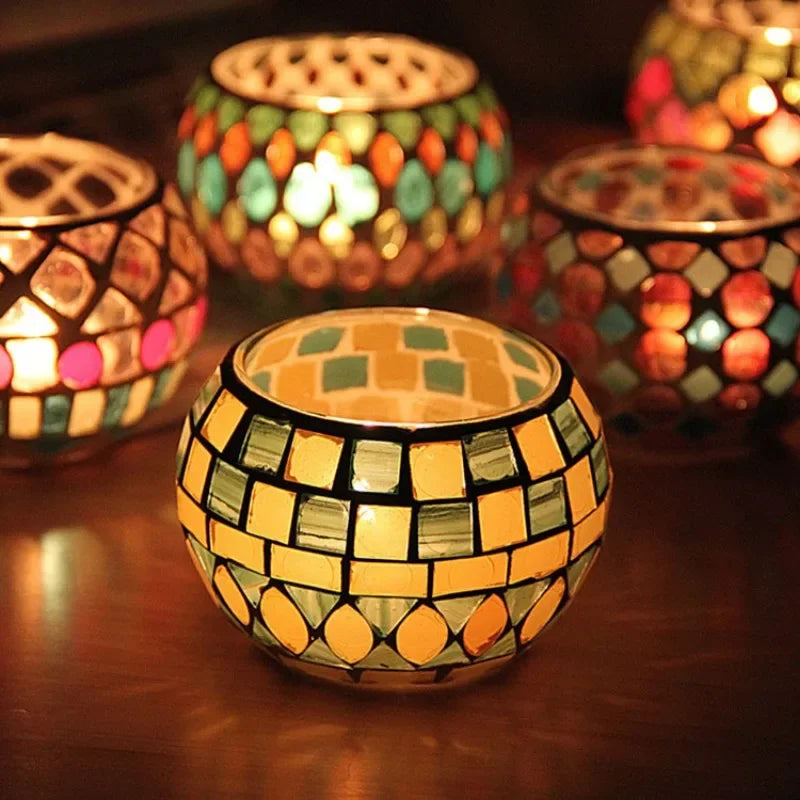 INS European Mosaic Colored Glass Small Candlestick Glass Ball Cup round Candle Cup Handmade