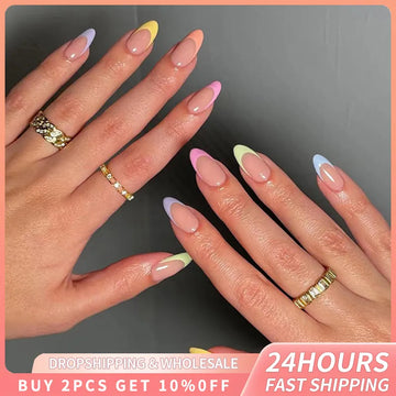 24pcs Summer Almond Fake Nails Wearable Press On Nails Tip Multiple Styles Nails Art Full Cover False Nail French Manicure Decor