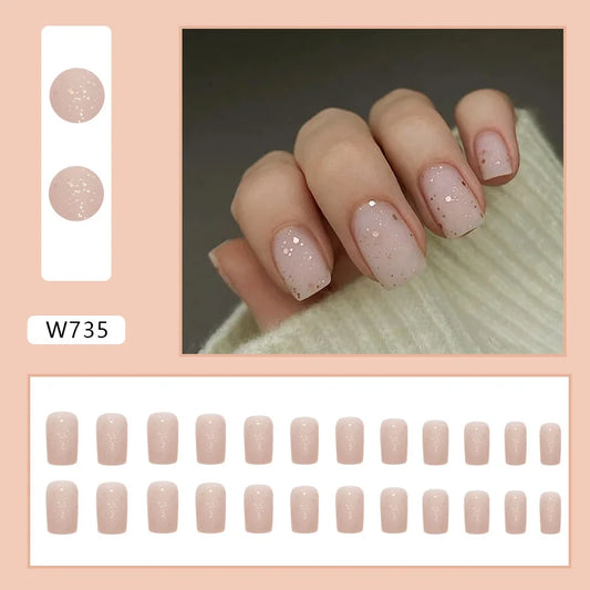 Frosted Gold Chip Glitter Nail Art Simple Milk White Square Fake Nail Tips Full Finished False Nail Press on Glue Manicure Woman