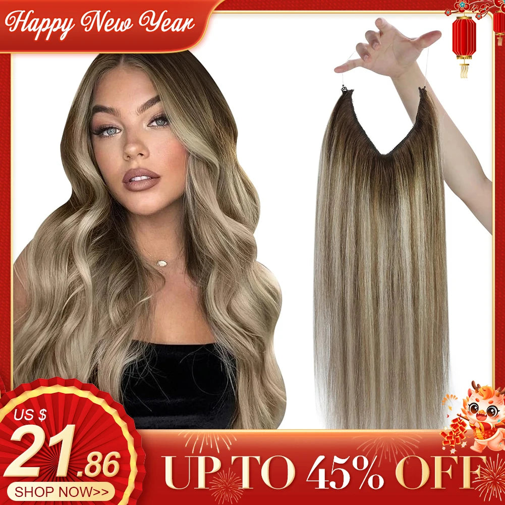 VeSunny Fish Line Human Hair Extension Wire Natural Hair OnePiece Invisible Wire Hair Weft with 2 Clips Machine Made Blonde Hair